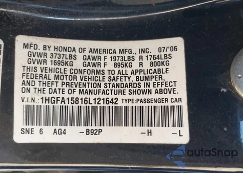 2006 Honda Civic Ex from USA, damaged, VIN 1HGFA15816L121642